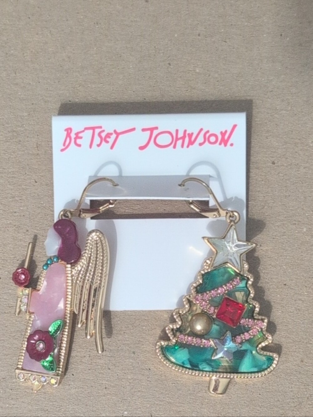 Betsey Johnson Pink Angel and Green Christmas Tree Earrings